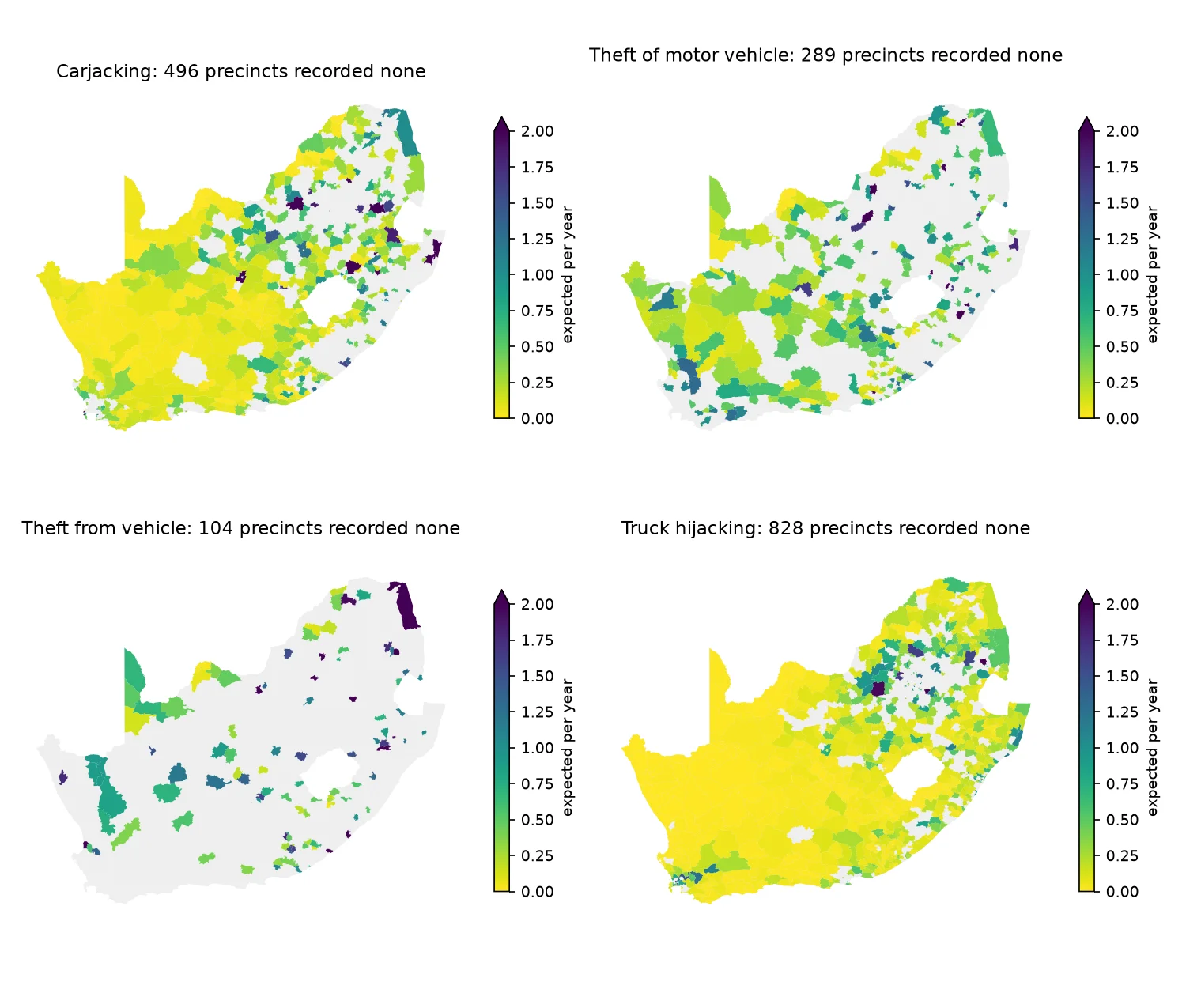 Four maps of South Africa, one per crime, showing the precincts that recorded none from April 2025 to March 2026. Most are yellow, expected near zero; a scattered few are dark, expected two or more a year.